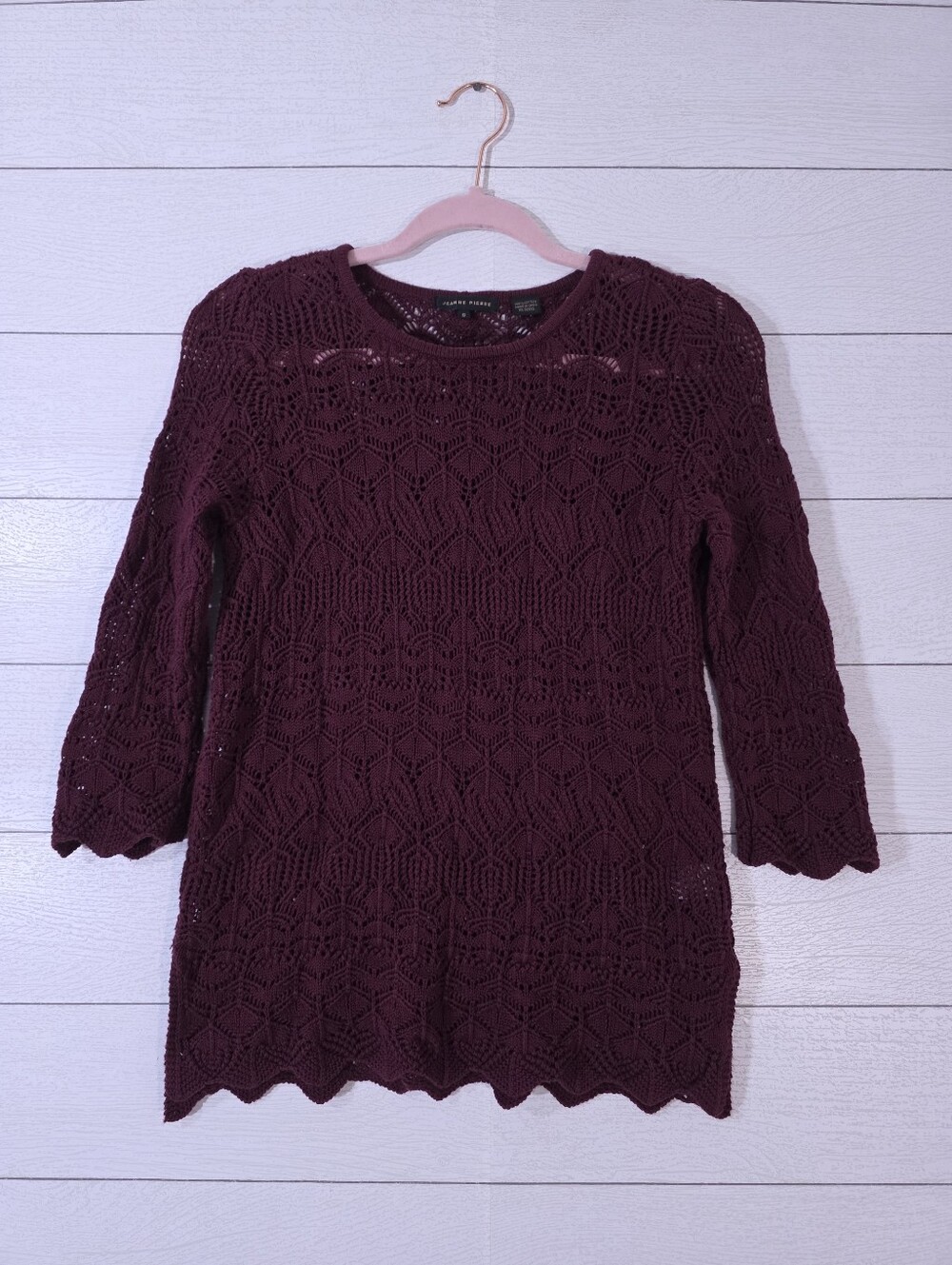 Burgundy Vintage Jeanne Pierre Pointelle Lace Knit Sweater 100% Cotton Small